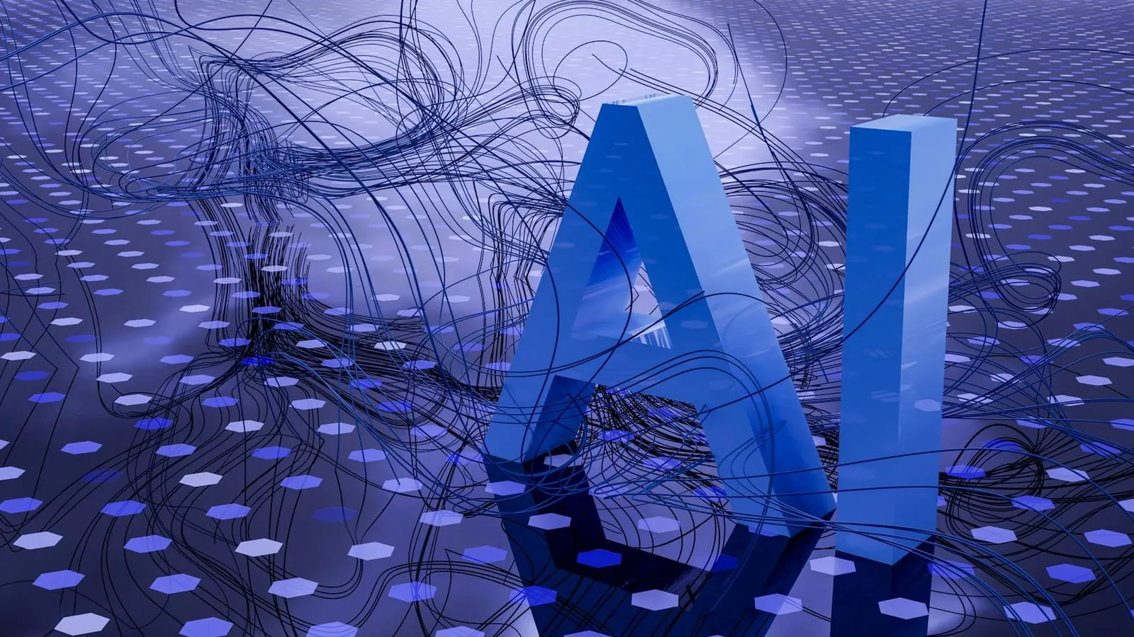 A glossy blue 3D sculpture of the letters AI surrounded by tangled, glowing wires