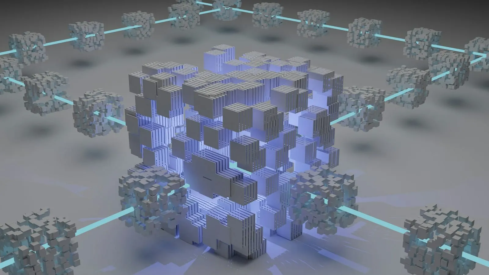 Glowing 3D cubes linked together, an illustration of a blockchain network